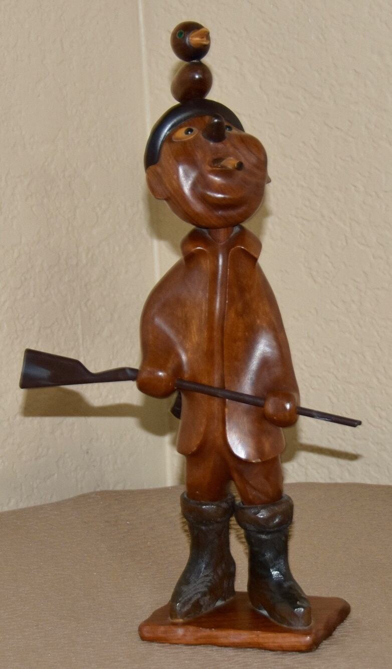 Vintage DOLFI Italian Hand Carved Wooden Duck Hunter w/Rifle Folk-Art Sculpture